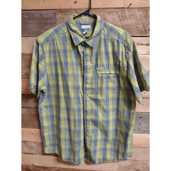 Columbia Men's Large (L) Blue/Yellow Short Sleeve Button Down Shirt 100% Cotton - Picture 1 of 4